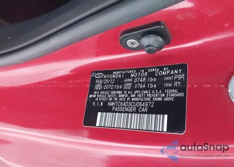 2012 Hyundai Veloster Base W/Red/Black z USA, uszkodzony, nr VIN KMHTC6AD3CU064972